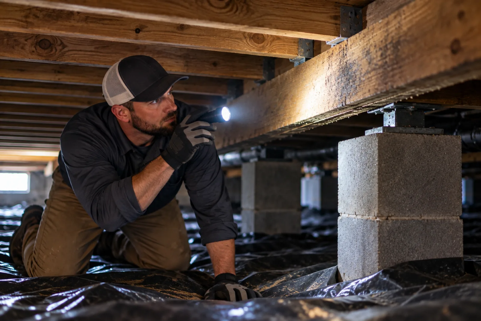 Structural repair professional inspecting a residential crawl space with a flashlight.